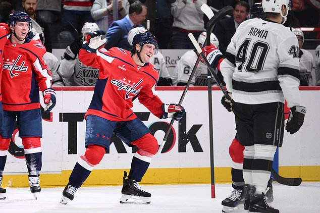 Washington Capitals right wing Ryan Leonard (9) celebrates his goal during the first period of an NHL hockey game against the Los Angeles Kings, Tuesday, Oct. 20, 2026, in Washington. (AP Photo/Nick Wass)