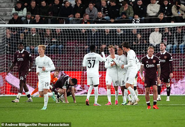 Hearts players are dejected after Rojkjaer's late deflected strike denies them victory