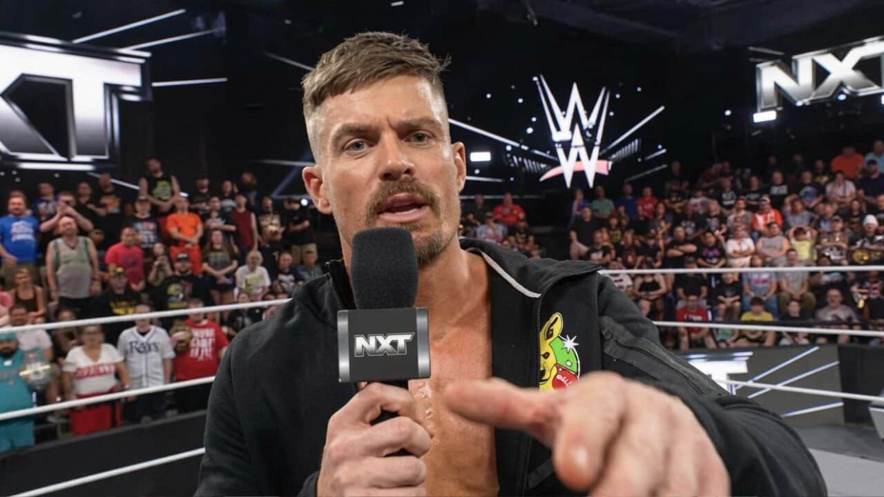 Grayson Waller points while cutting a promo in the ring on WWE NXT