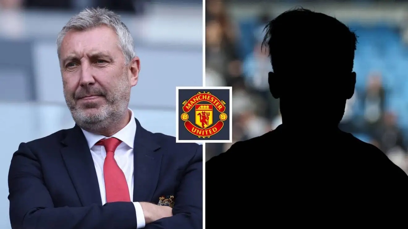 Split image of Manchester United director of football Jason Wilcox and a shadow, with the Manchester United badge in between - copyright F365