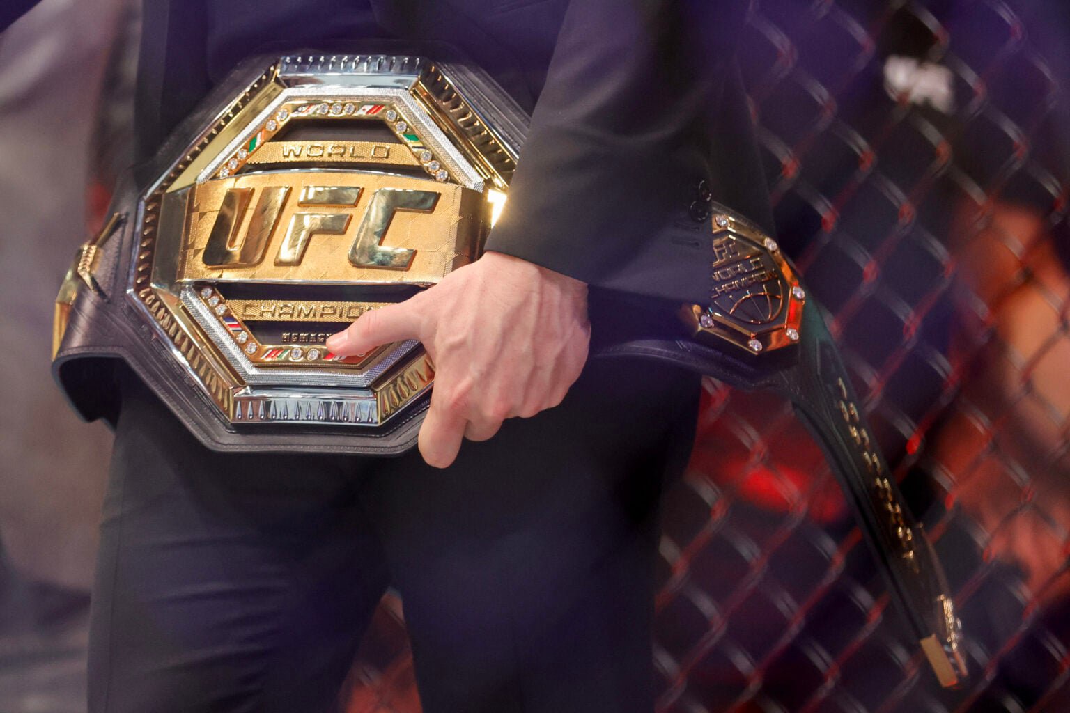 Detailed shot of the UFC title belt during UFC 310