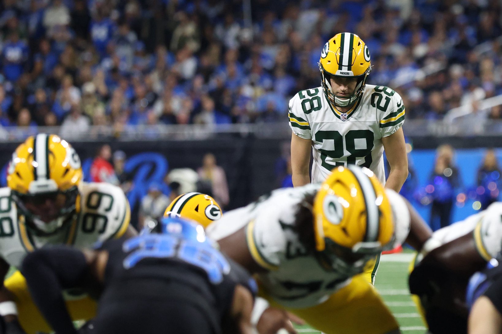 Oct 25, 2026; Detroit, Michigan, USA;  Green Bay Packers kicker Trey Smack (28) looks on prior to a missed field goal during the first quarter against the Detroit Lions at Ford Field.  Mandatory Credit: David Reginek-Imagn Images