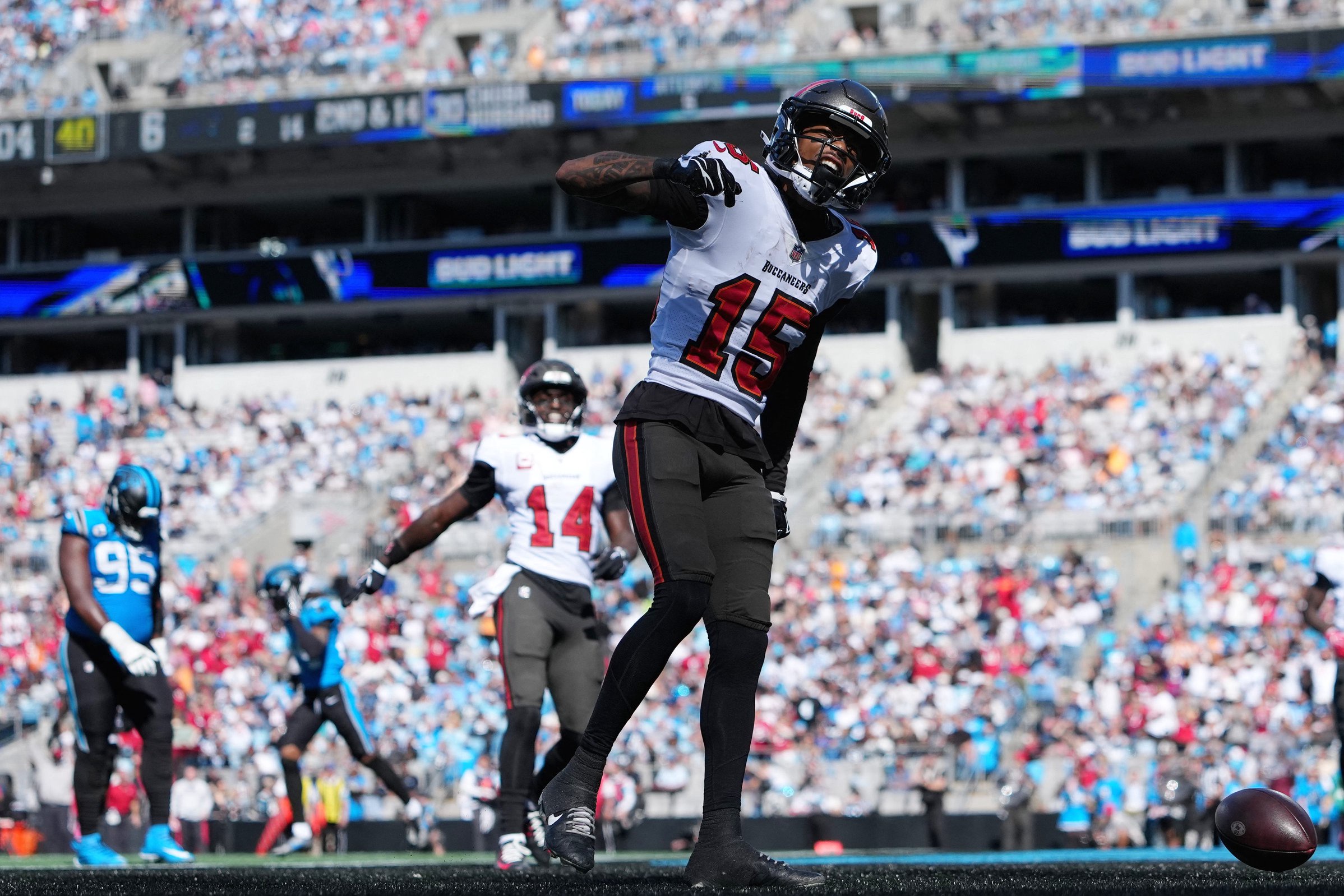 Oct 25, 2026; Charlotte, North Carolina, USA;  Tampa Bay Buccaneers wide receiver Tez Johnson (15) celebrates after scoring a touchdown against the Carolina Panthers during the second half at Bank of America Stadium.  Mandatory Credit: Bob Donnan-Imagn Images