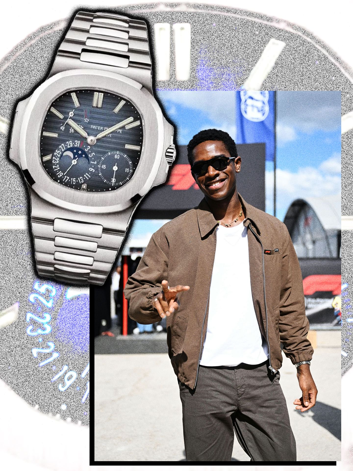 Image may contain Damson Idris Wristwatch Clothing Coat Jacket Face Head Person Photography Portrait and Arm