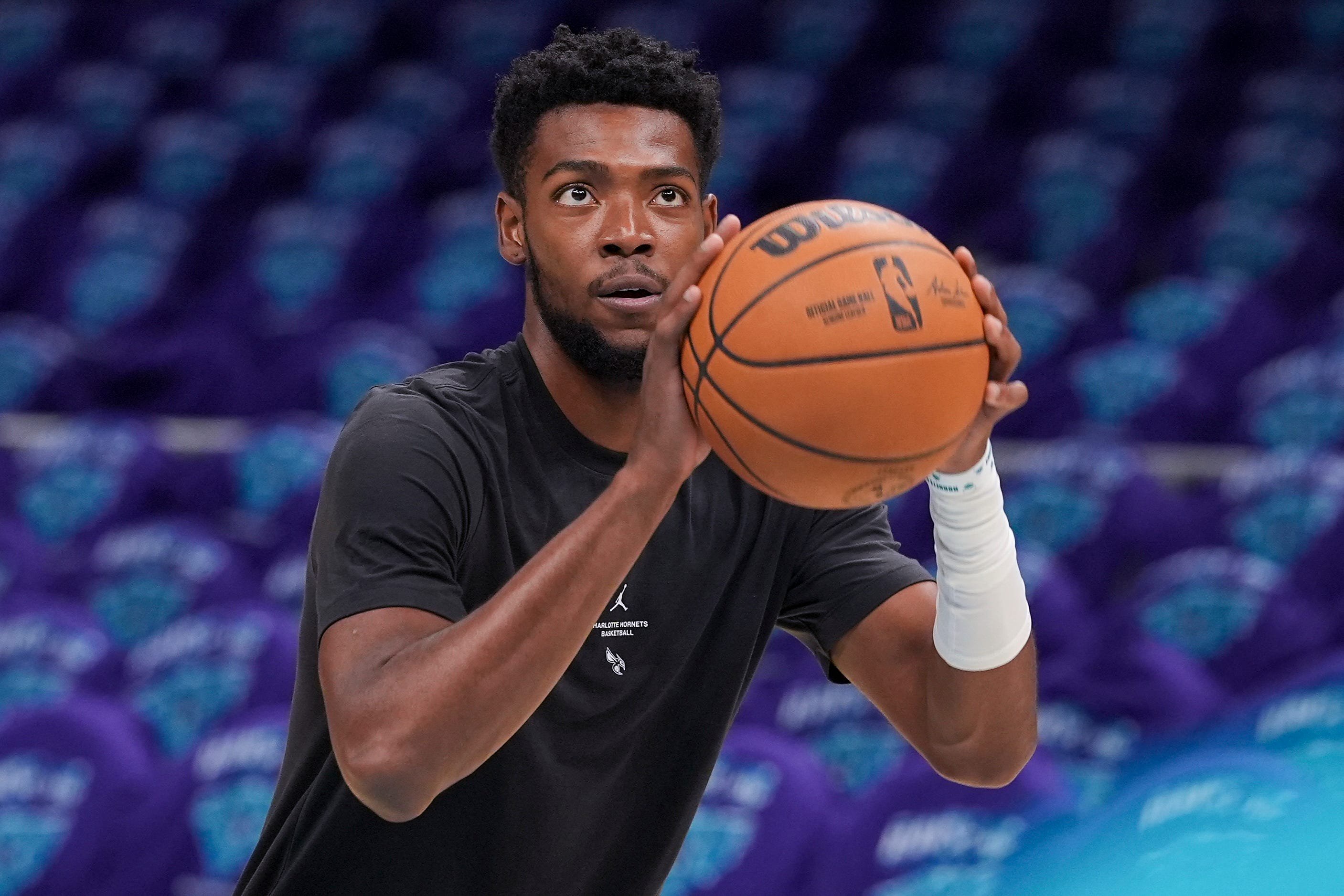 Oct 23, 2026; Charlotte, North Carolina, USA;  Charlotte Hornets forward Brandon Miller (24) shoots during pre-game warm ups against the Atlanta Hawks at the Spectrum Center.  Mandatory Credit: Jim Dedmon-Imagn Images
