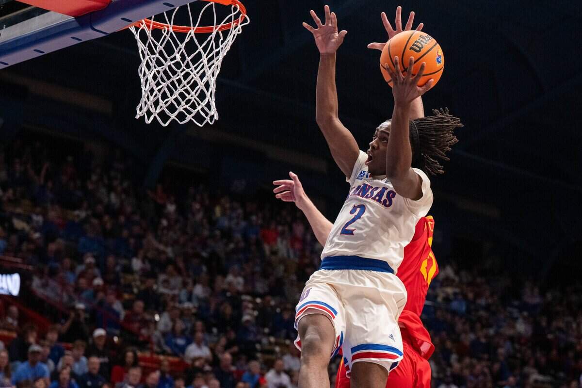 Kansas Jayhawks guard Leroy Blyden Jr. shoots a layup in the Jayhawks exhibition game vs. Pittsburg State Gorillas, on Friday, October 16, 2026, at Allen Fieldhouse. The exhibition game, a first for Late Night in the Phog, replaces the normal format of variety show style sketches and a team scrimmage.