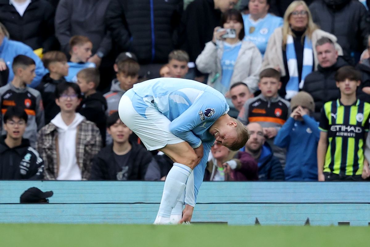 Erling Haaland clutched his foot in pain during Manchester City's 3-2 win over Ipswich Town