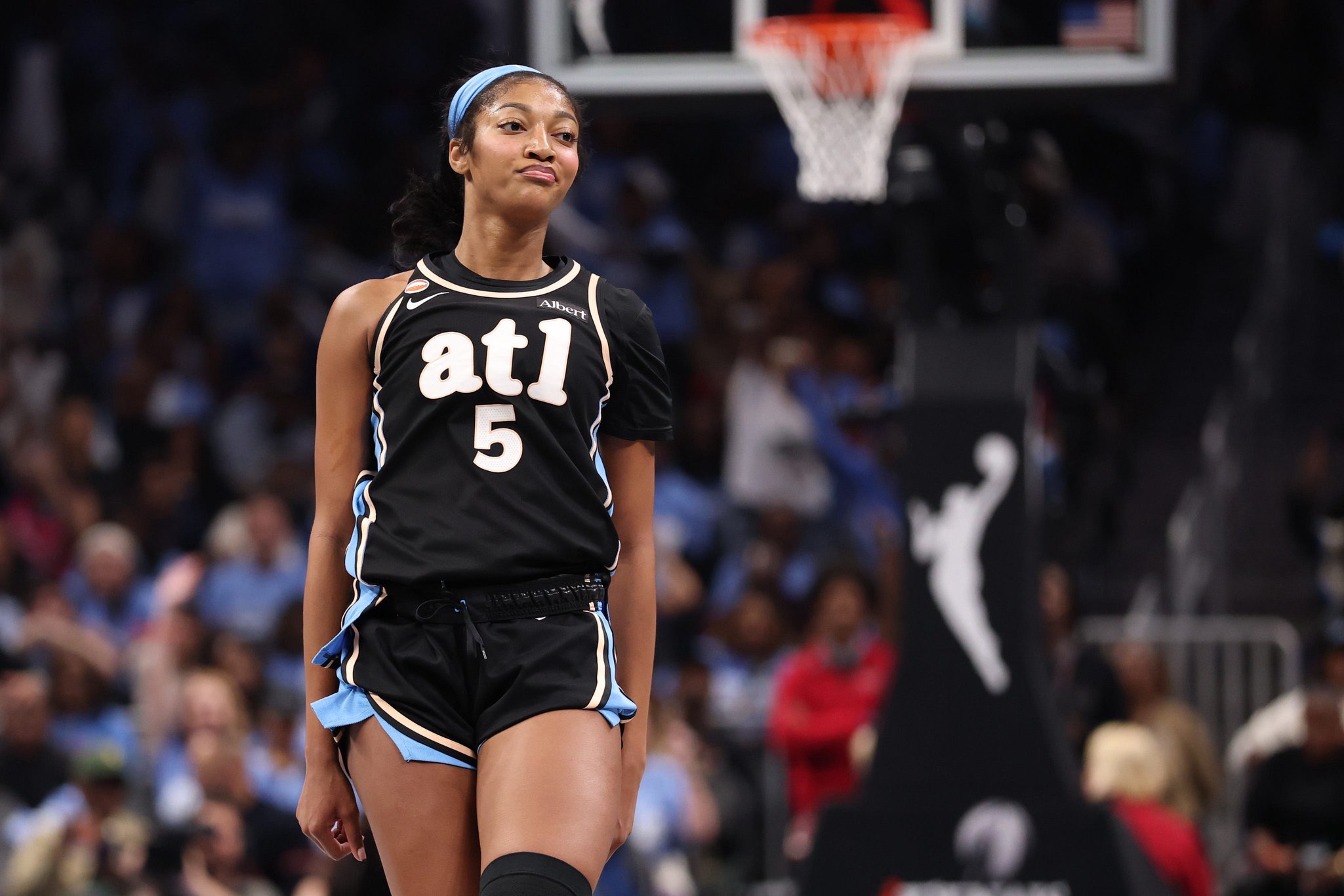 ATLANTA, GEORGIA - OCTOBER 21: Angel Reese #5 of the Atlanta Dream reacts after a made 3-pointer against the Golden State Valkyries during the second quarter in game three of the WNBA Finals at State Farm Arena on October 21, 2026 in Atlanta, Georgia. NOTE TO USER: User expressly acknowledges and agrees that, by downloading and or using this photograph, User is consenting to the terms and conditions of the Getty Images License Agreement. (Photo by Kevin C. Cox/Getty Images)