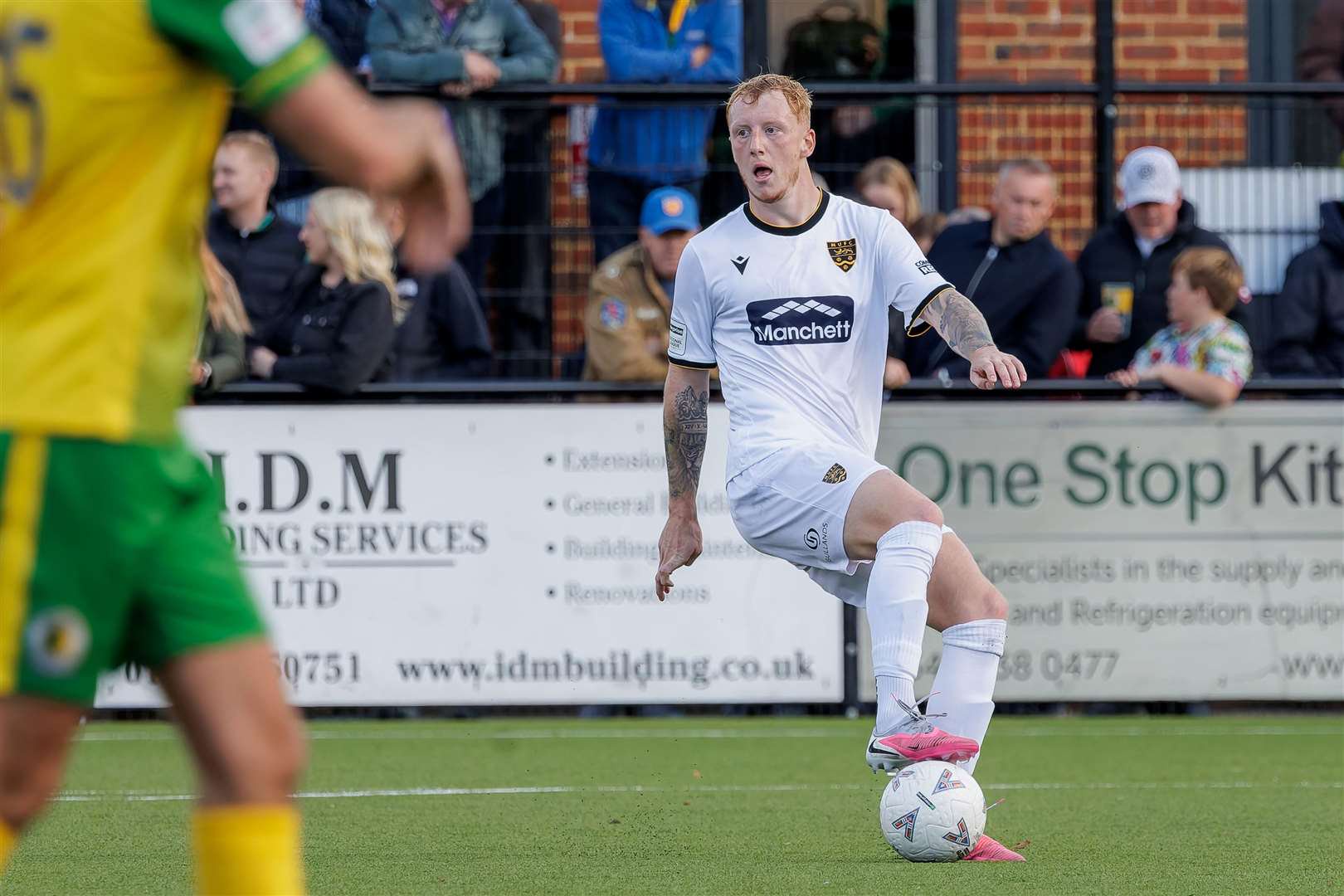 Maidstone United centre-half Taylor Foran in possession at Horsham last weekend. Picture: Helen Cooper