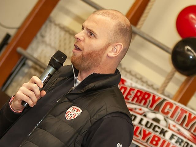 Derry City interim manager Mark Connolly addressing the pupils and staff at Hollybush on Friday. (Photos: Jim McCafferty Photography)