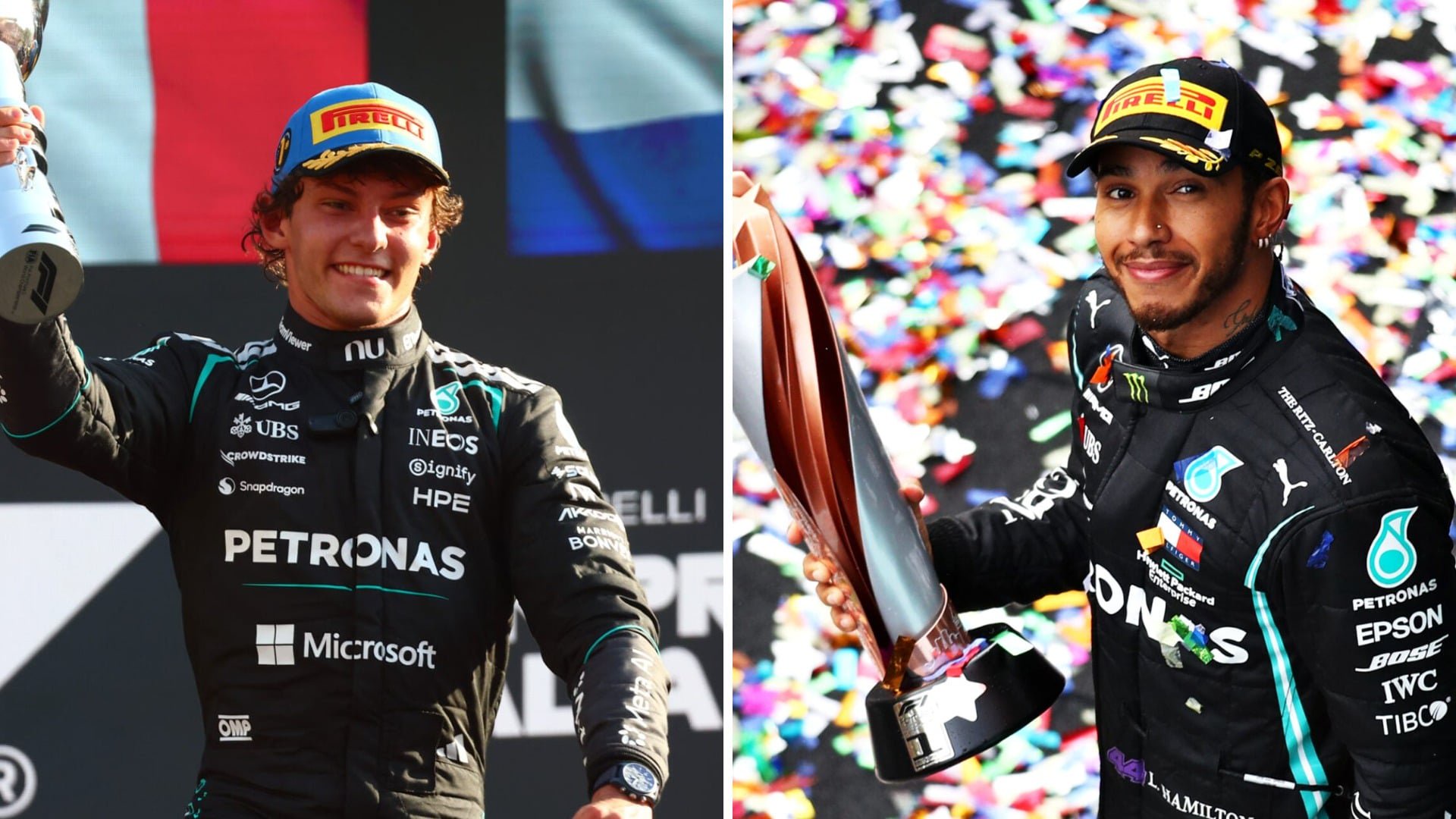 Kimi Antonelli of Mercedes celebrates on the Italian GP podium; Lewis Hamilton with the 2020 Turkish GP trophy