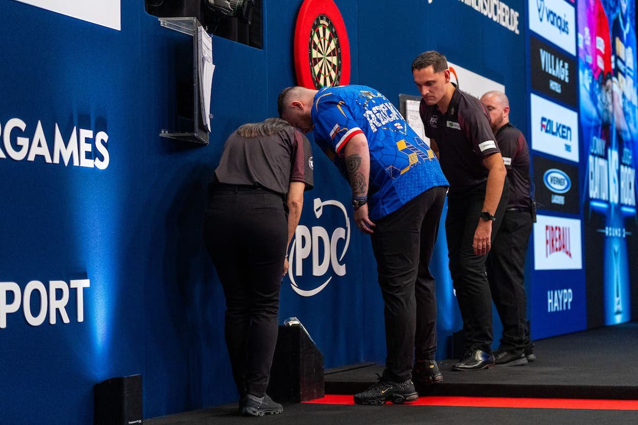 Josh Rock lost a dart during his European Championship defeat to Jonny Clayton (Sebastian Doppstadt/PDC)