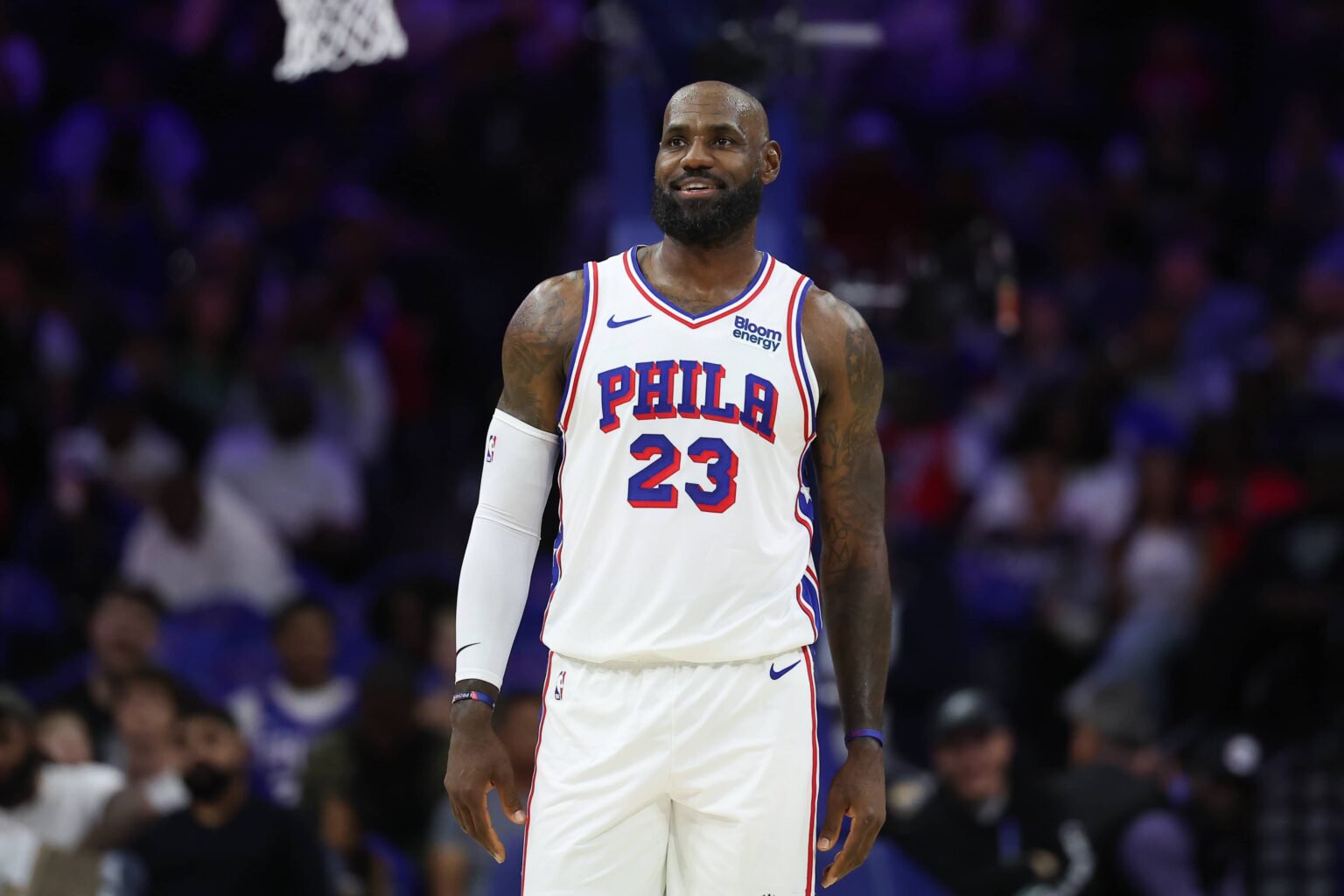 Philadelphia, Pennsylvania, USA; Philadelphia 76ers forward LeBron James (23) reacts in a game against the Boston Celtics at Xfinity Mobile Arena. Mandatory Credit: Bill Streicher-Imagn Images