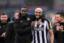 Alexander Isak and Joelinton of Newcastle United celebrate following the team's victory during the Premier League match between Burnley FC and Newc...
