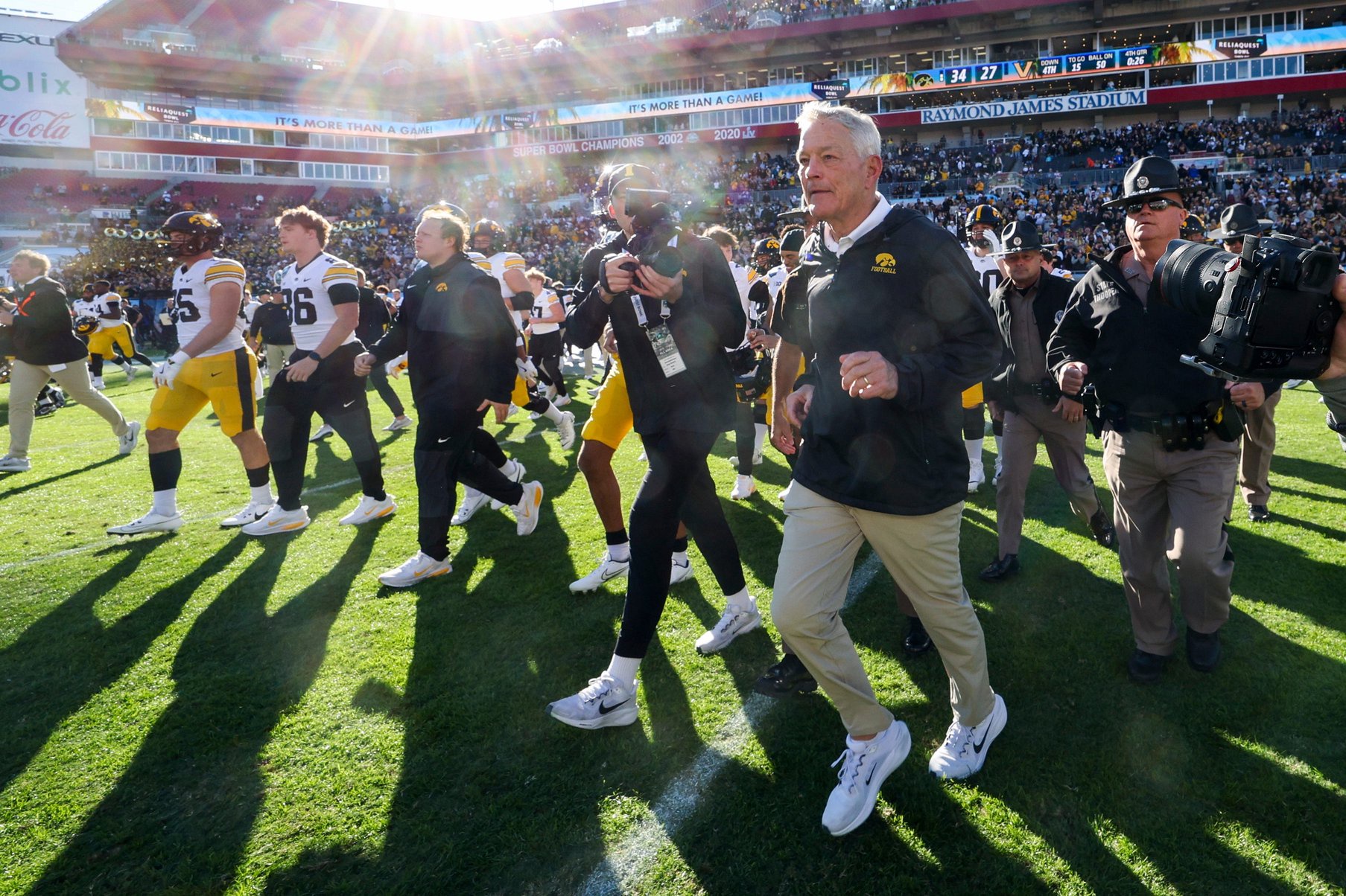 Dec 31, 2025; Tampa, FL, USA; Iowa Hawkeyes head coach Kirk Ferentz reacts after beating the Vanderbilt Commodores in the ReliaQuest Bowl at Raymond James Stadium. Mandatory Credit: Nathan Ray Seebeck-Imagn Images