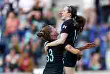 Rose Lavelle #16 of the NJ/NY Gotham FC celebrates her goal with teammate Sinead Farrelly #33 during the second half against the Racing Louisville FC at Red Bull Arens,