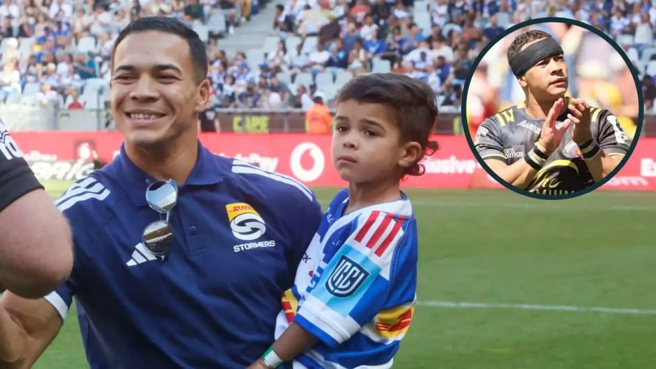 Cheslin Kolbe at the Cape Town Stadium and an inset of him at Suntory Sungoliath.
