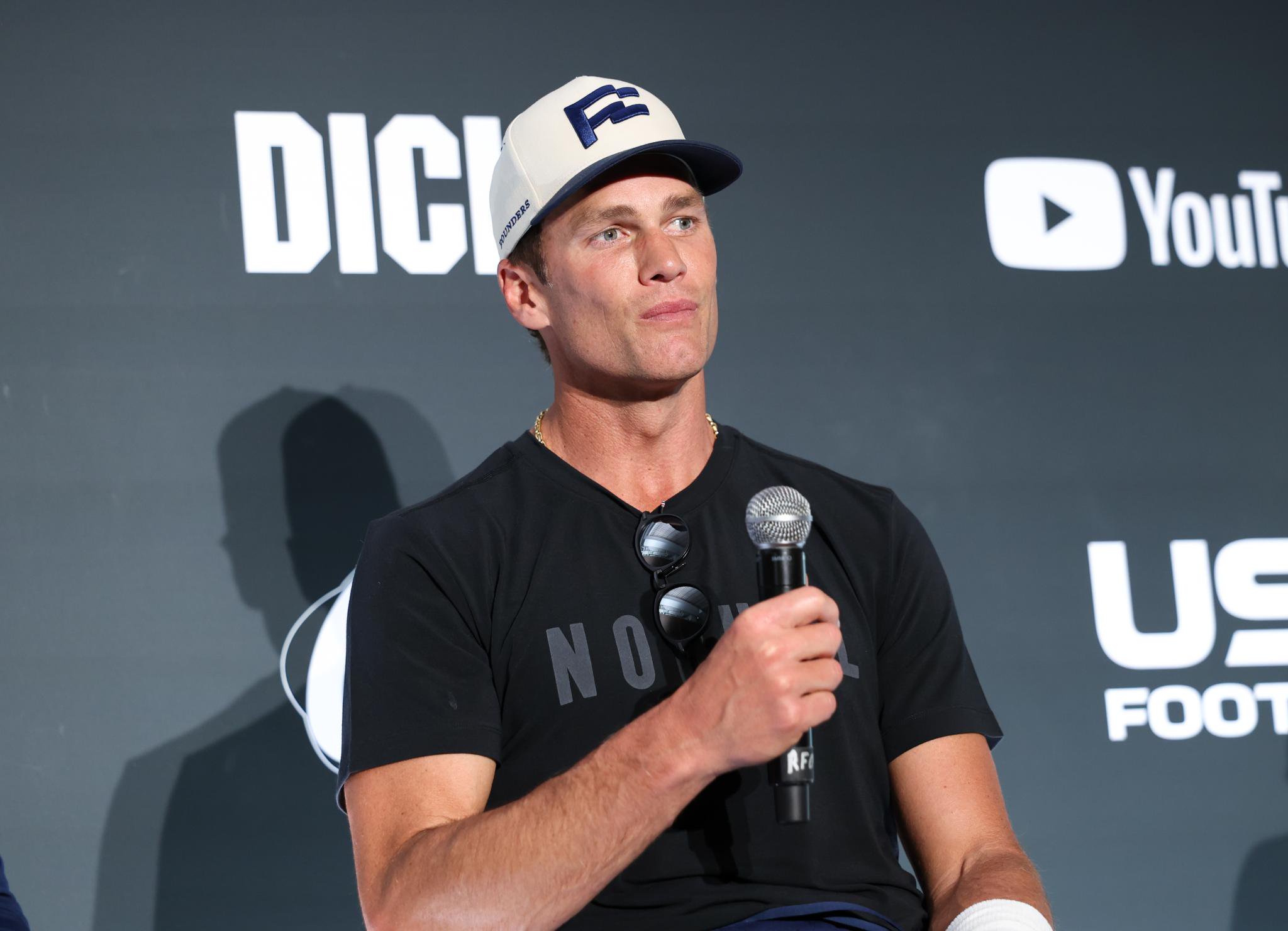 Tom Brady attends the Fanatics Flag Football Classic Press Conference & Practice at BMO Stadium in Los Angeles, California, on March 20, 2026.