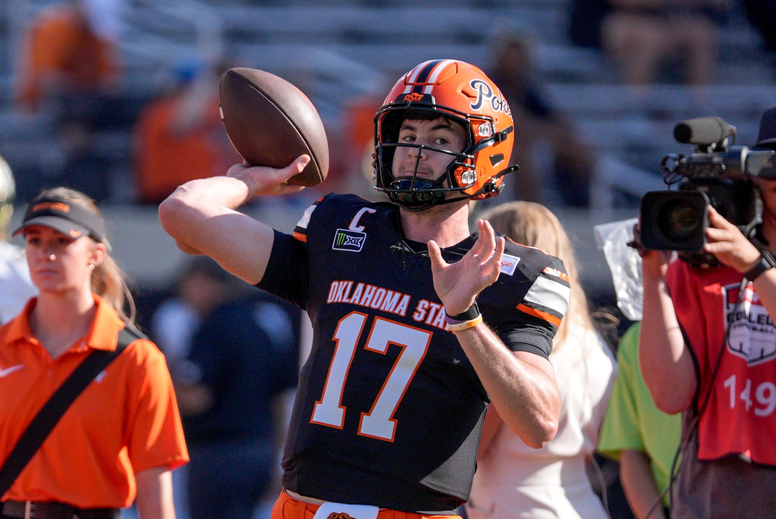 OSU quarterback Drew Mestemaker (17) warms up before  an NCAA football game between the Oklahoma State University (OSU) Cowboys and the University of Central Florida (UCF) Knights at Boone Pickens Stadium in Stillwater, Okla., on Saturday, Oct. 10, 2026.