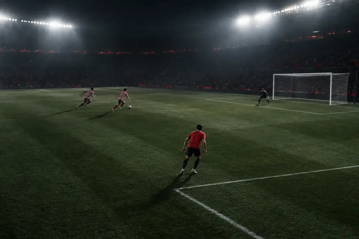 Manchester United-inspired defender isolated as Atlético-style attackers exploit space in a tense stadium scene