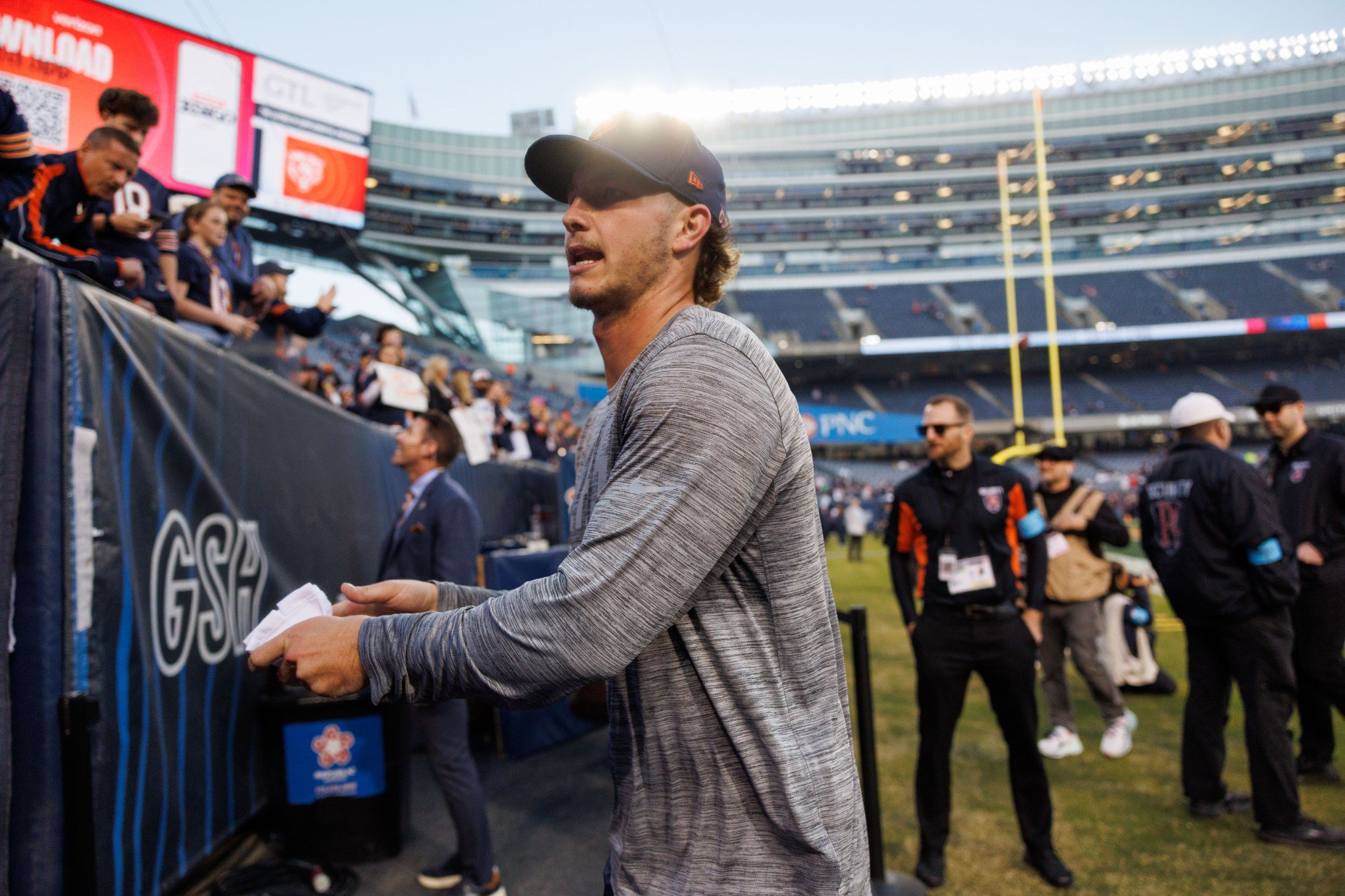 Bears quarterback Tyson Bagent runs to the locker room after warming up before the Bears host the Patriots at Soldier Field on Oct. 22, 2026. (Armando L. Sanchez/Chicago Tribune)