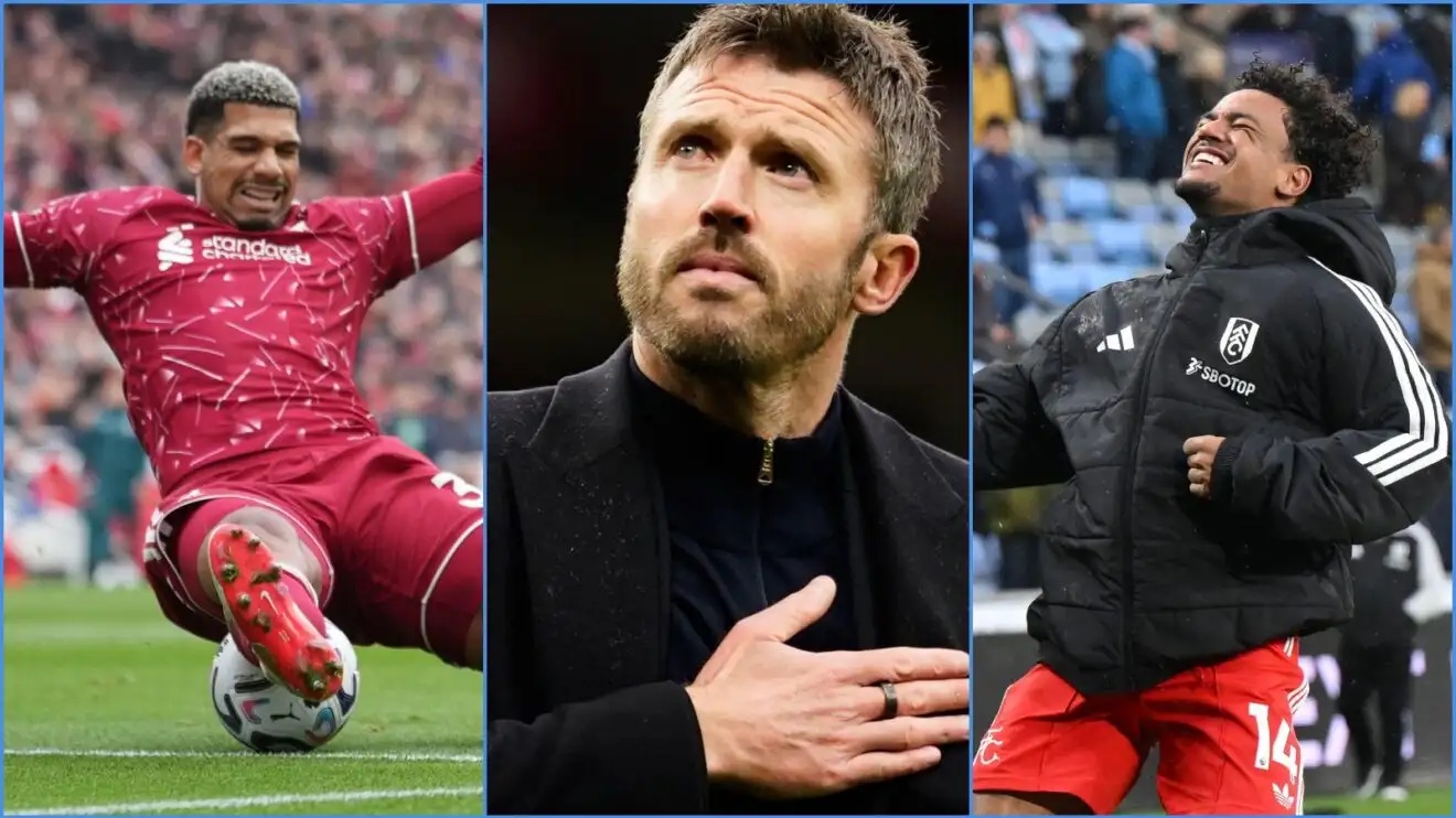 Ronald Araujo of Liverpool, Manchester United coach Michael Carrick and Fulham forward Oscar Bobb