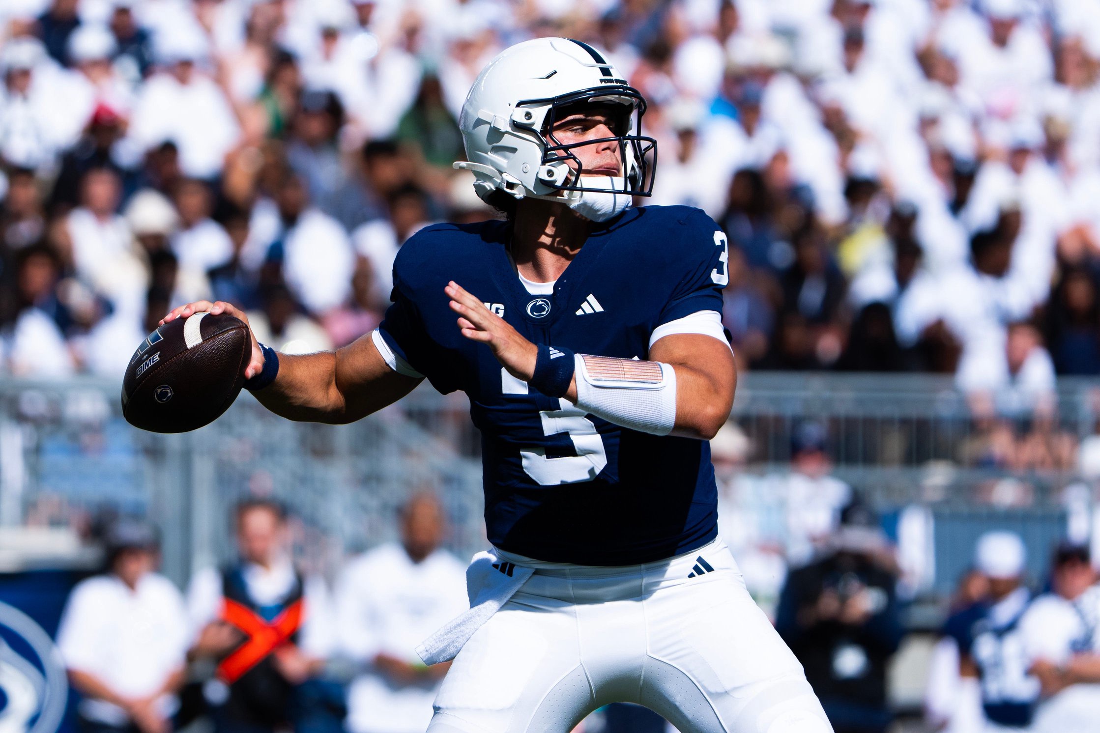 Penn State quarterback Rocco Becht looks to pass during an NCAA football game against Marshall at Beaver Stadium, Sept. 5, 2026, in State College.