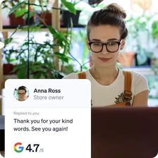 A woman provides a customer rating for a brand on Google