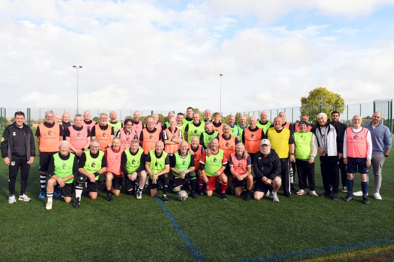 Gold Stars Heracles walking footballers from the Netherlands visit Great Grimsby walking football club, they are pictured during their football match at Linc's Inspire