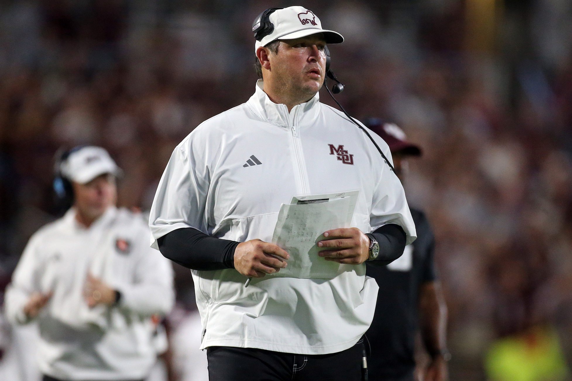 Sep 5, 2026; Starkville, Mississippi, USA;  Mississippi State Bulldogs head coach Jeff Lebby looks on during the second quarter against the Louisiana Monroe Warhawks at Davis Wade Stadium at Scott Field.  Mandatory Credit: Petre Thomas-Imagn Images