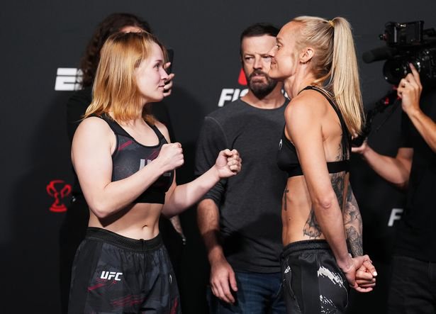 LAS VEGAS, NEVADA - AUGUST 05: (L-R) Opponents Cory McKenna of Wales and Miranda Granger face off during the UFC Fight Night weigh-in at UFC APEX on August 05, 2022 in Las Vegas, Nevada.