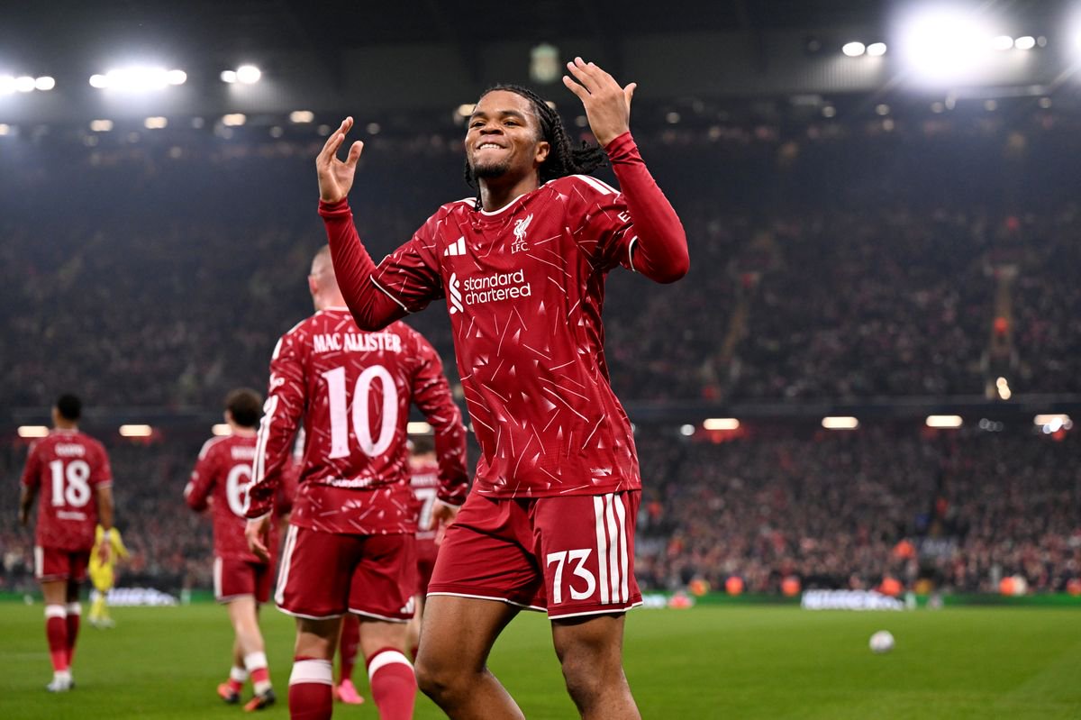 LIVERPOOL, ENGLAND - OCTOBER 20: Rio Ngumoha of Liverpool celebrates his team’s third goal scored by teammate Alexis Mac Allister during the UEFA Champions League 2026/27 League Phase MD3 match between Liverpool FC and Villarreal CF at Anfield on October 20, 2026 in Liverpool, England. (Photo by Liverpool FC/Liverpool FC via Getty Images)