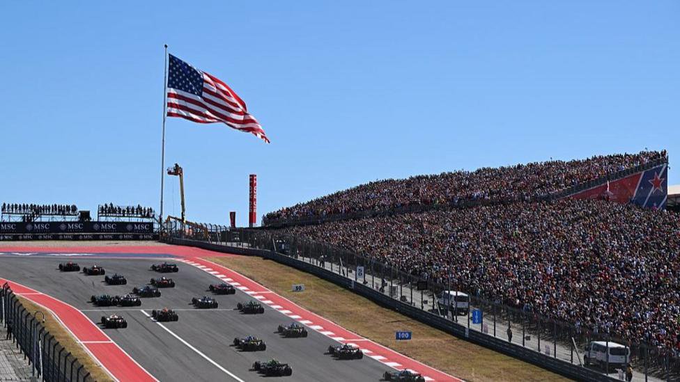 Max Verstappen leads the field through the first corner during the 2025 United States Grand Prix at the Circuit of the Americas