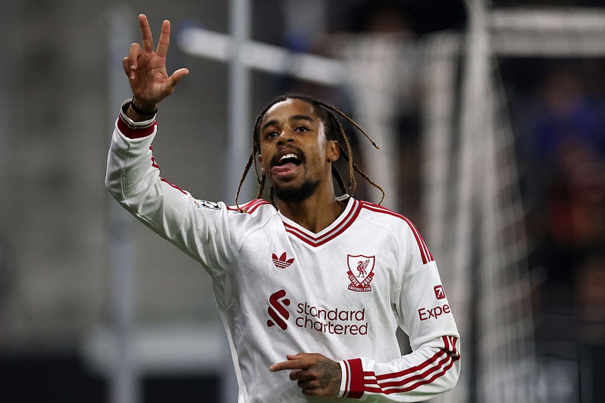 LINZ, AUSTRIA - OCTOBER 14: Bradley Barcola of Liverpool celebrates scoring his team’s fifth goal, completing his hat-trick during the UEFA Champions League 2026/27 League Phase MD2 match between LASK and Liverpool FC at Oberösterreich Arena on October 14, 2026 in Linz, Austria. (Photo by Alexander Hassenstein/Getty Images)