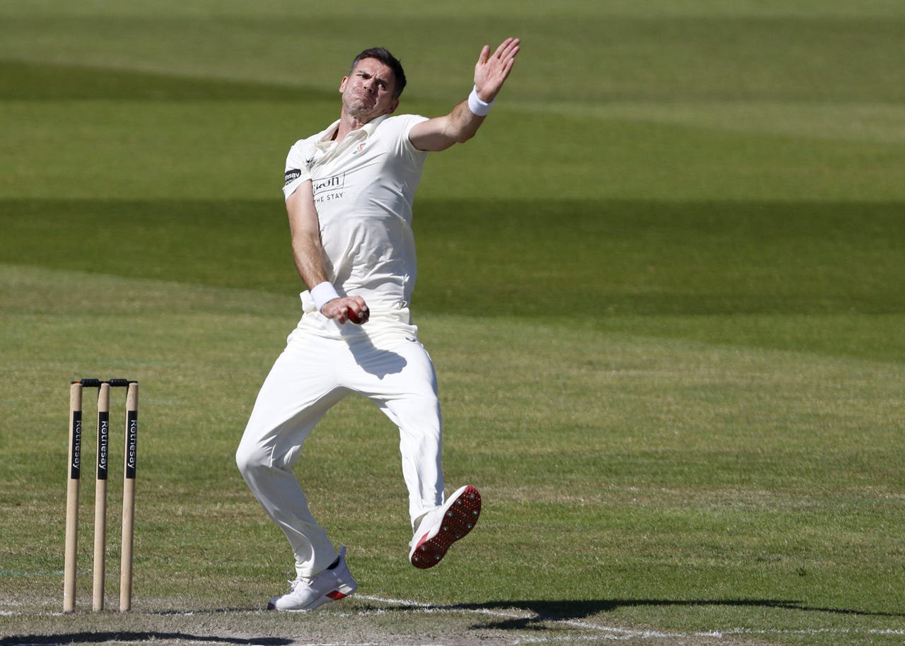James Anderson bowls for Lancashire