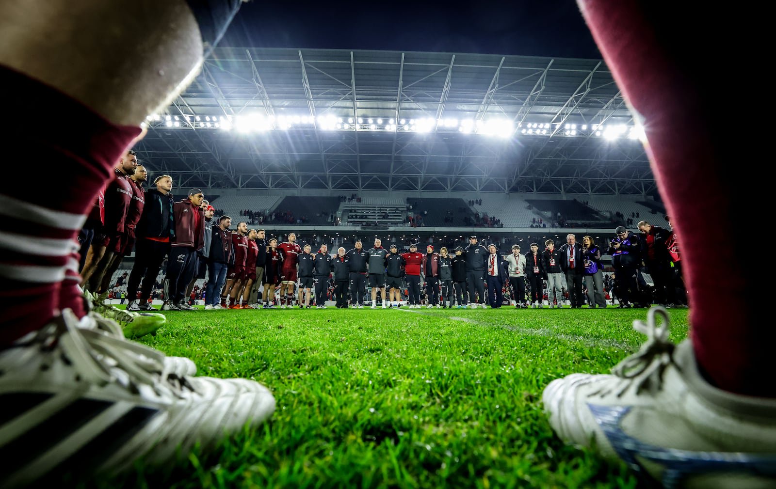 The Munster team and backroom staff sing Stand Up and Fight in tribute to Anthony Foley after the Racing 92 game at Páirc Uí Chaoimh. Photograph: Nick Elliott/Inpho