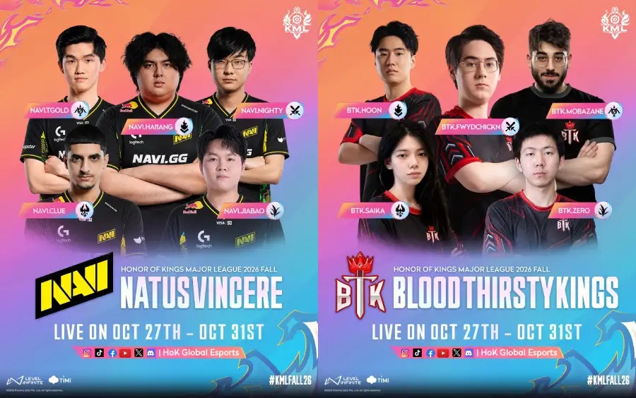 The official poster for the Honor of Kings Major League (KML) Fall 2026 reveals players from participating teams: NAVI and BTK, names and photos.