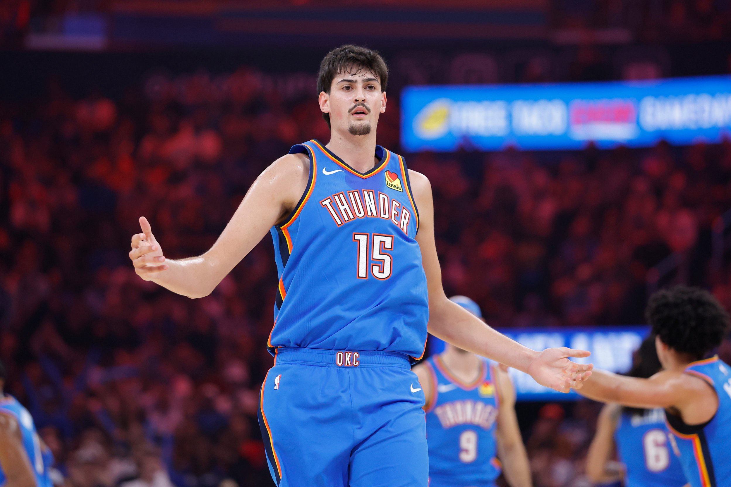 Oct 22, 2026; Oklahoma City, Oklahoma, USA; Oklahoma City Thunder center Aday Mara (15) reacts after a play against the Denver Nuggets during the first half at Paycom Center. Mandatory Credit: Alonzo Adams-Imagn Images
