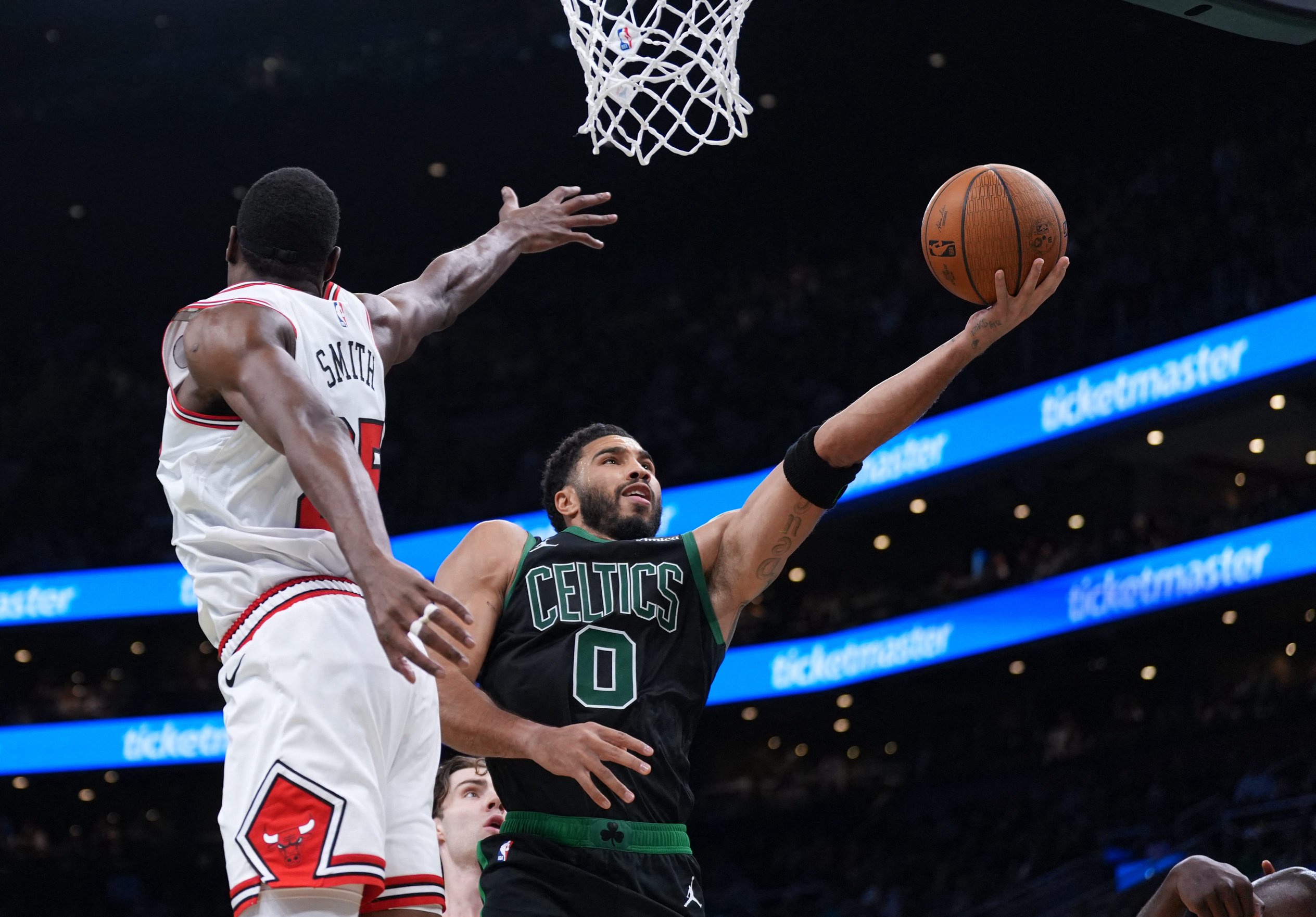 Oct 30, 2026; Boston, Massachusetts, USA; Boston Celtics forward Jayson Tatum (0) drives the ball to the basket against Chicago Bulls forward Jalen Smith (25) in the first quarter at TD Garden. Mandatory Credit: David Butler II-Imagn Images