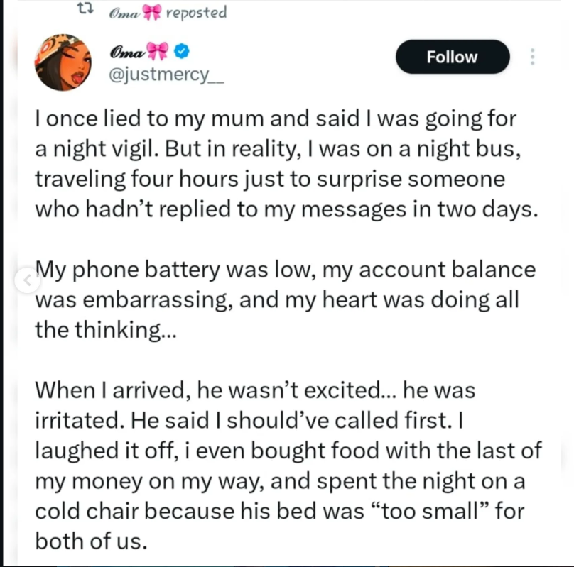 “I cooked for him, his ex came and ate, then they got back together” — reactions as X user asks worst thing people have done for love