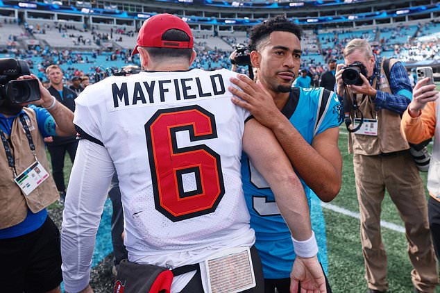 Carolina Panthers quarterback Bryce Young (9), right, hugs Tampa Bay Buccaneers quarterback Baker Mayfield after an NFL football game in Charlotte, N.C., Sunday, Oct. 25, 2026. (AP Photo/Scott Kinser)