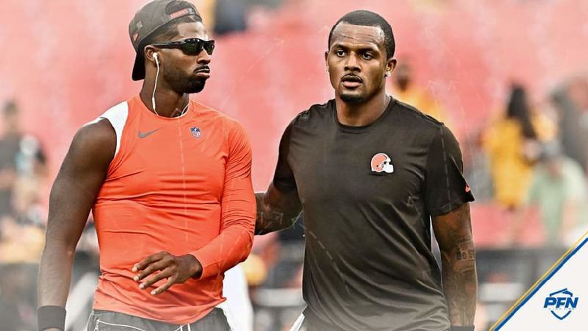 Oct 1, 2026; Cleveland, Ohio, USA; Cleveland Browns quarterback Shedeur Sanders (2) and quarterback Deshaun Watson (4) before the game at Huntington Bank Field. © Ken Blaze-Imagn Images