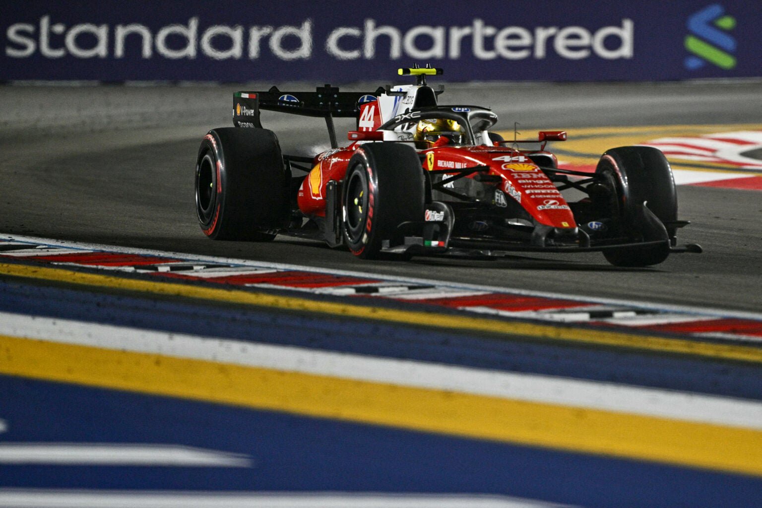 Ferrari driver Lewis Hamilton on track during the 2026 F1 Singapore Grand Prix
