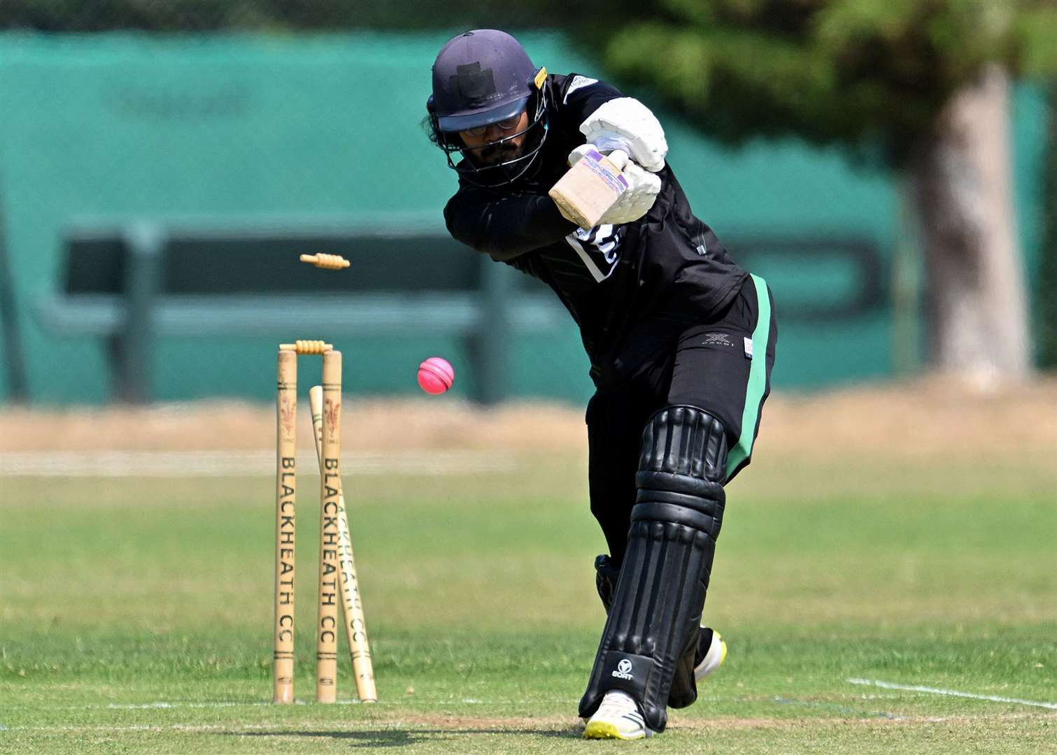 Lordswood opener Aftab Hassan is bowled by Blackheath's ex-Kent player Arafat Bhuiyan for just two. Picture: Keith Gillard