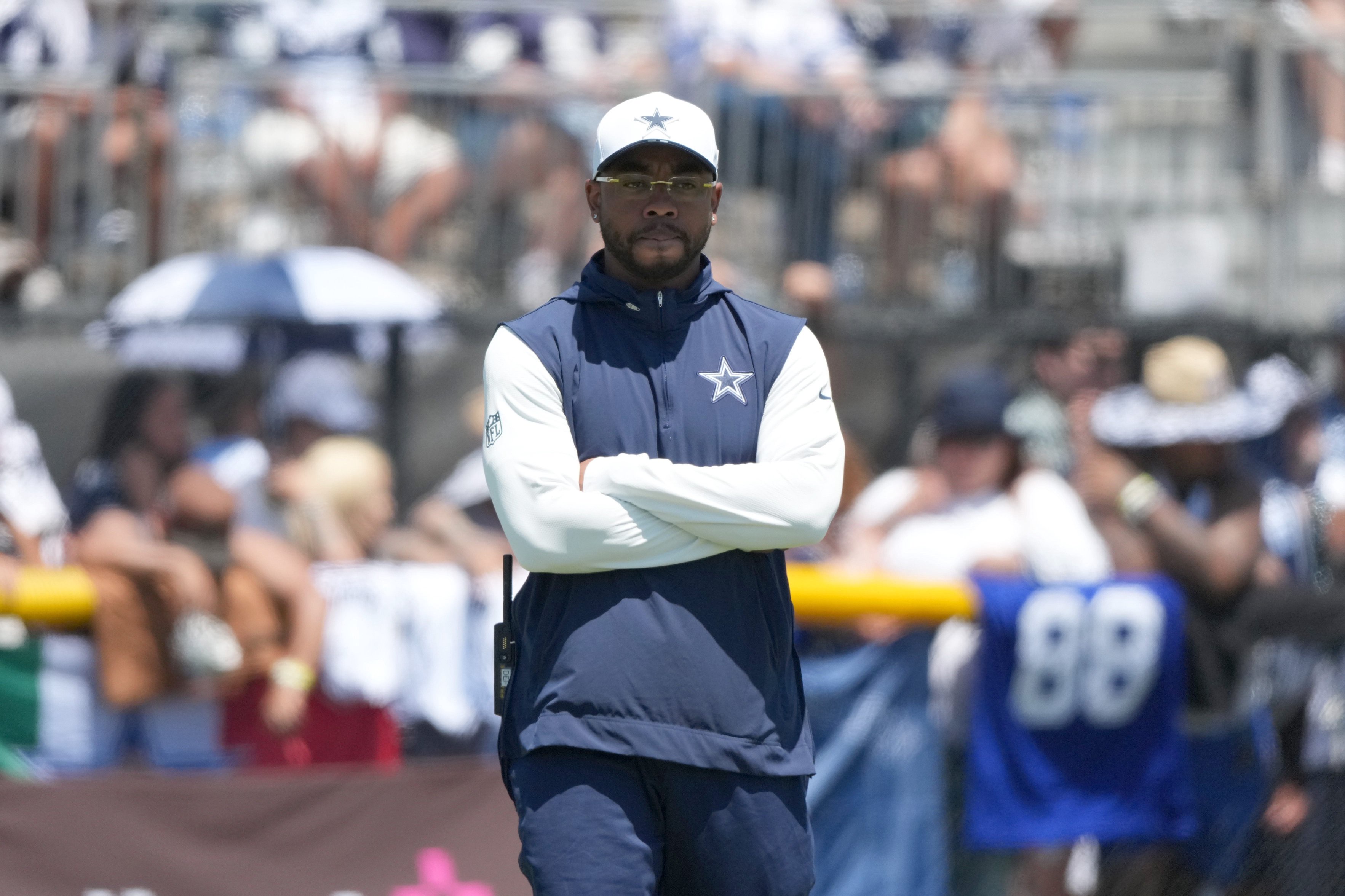 Aug 1, 2026; Oxnard, CA, USA; Dallas Cowboys defensive coordinator Christian Parker at training camp at River Ridge Playing Fields. Mandatory Credit: Kirby Lee-Imagn Images