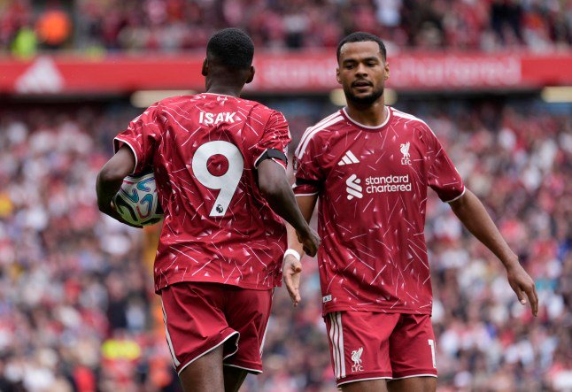 Liverpool's Alexander Isak celebrates with Cody Gakpo after scoring their side's first goal of the game during the Premier League match at Anfield, Liverpool. Picture date: Saturday August 29, 2026. PA Photo. Photo credit should read: Peter Byrne/PA Wire. RESTRICTIONS: EDITORIAL USE ONLY No use with unauthorised audio, video, data, fixture lists, club/league logos or "live" services. Online in-match use limited to 120 images, no video emulation. No use in betting, games or single club/league/player publications.