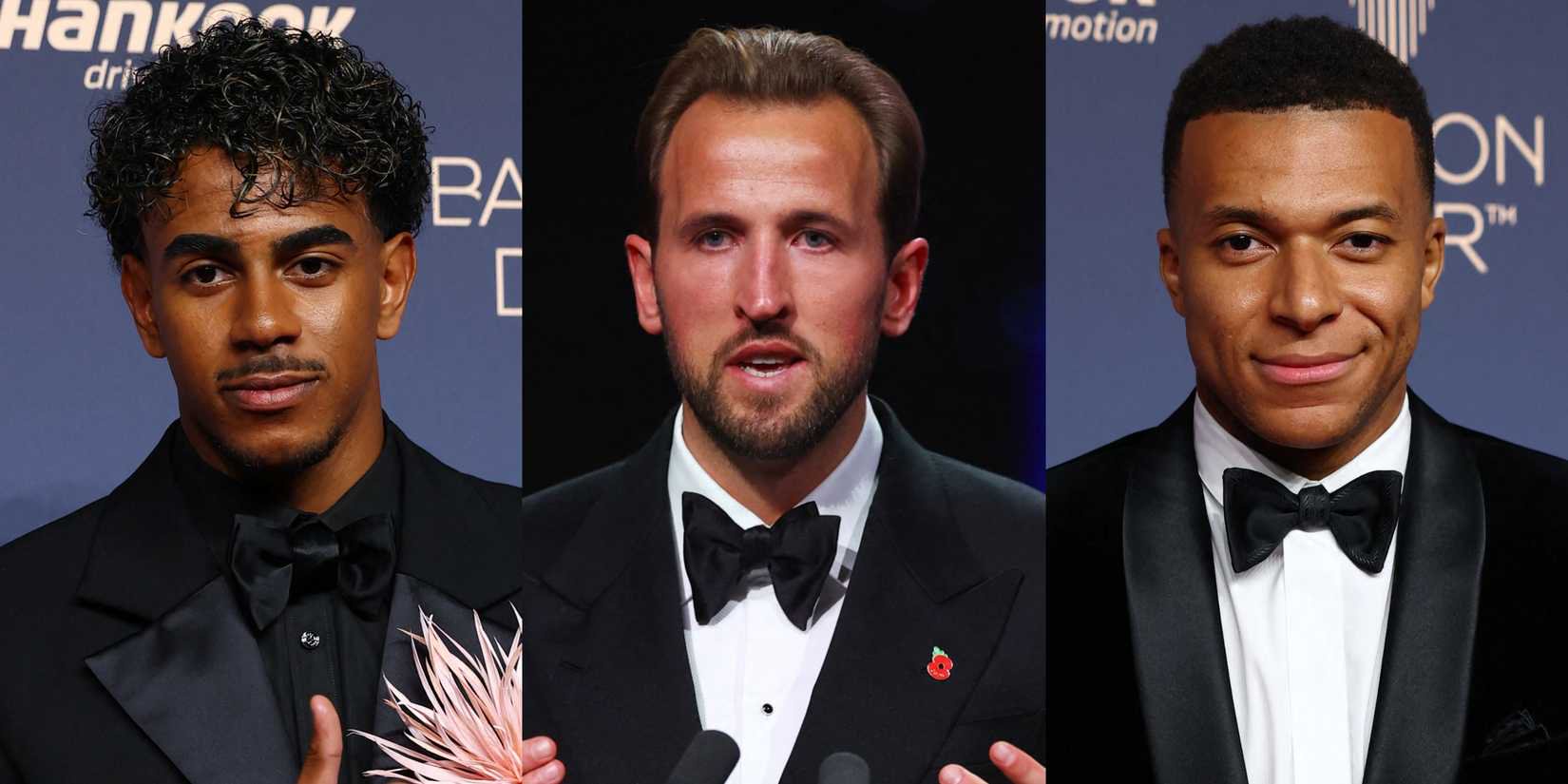 Lamine Yamal (L), Harry Kane (C) and Kylian Mbappe (R) at the 2026 Ballon d'Or awards