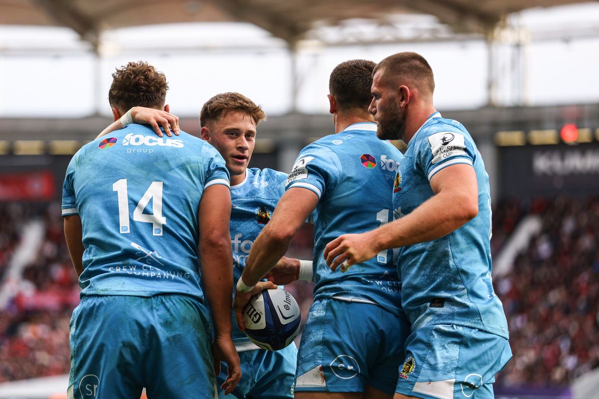 Exeter Chiefs' Zack Wimbush celebrates with Stephen Varney, Harvey Skinner and Will Butt after scoring his sides sixth try of the match