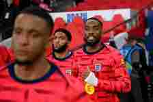 Joe Gomez, Ivan Toney and teammates of England take to the pitch to warm up prior to the international friendly match between England and Brazil at Wembley Stadium