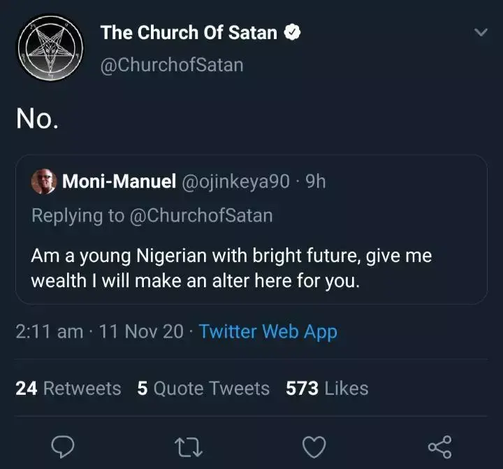 Church Satan Replies Promise Build Altar Them They Give Wealth